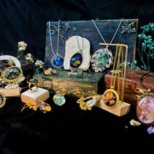 Gullrung real flower jewelry colors collection in red, black, green, blue and multi-floral resin on hand-carved wooden boxes