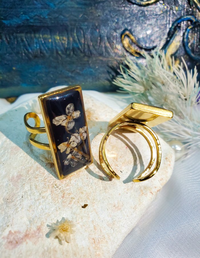 BCH0RJEPR0476 3 Gul-e-Khaamosh Black Floral Ring – handmade resin flower ring, view 5