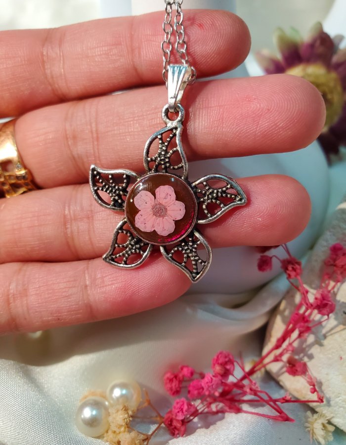 Gul‑e‑Sitara Pink Floral Pendant – handmade resin floral pendant, view 2