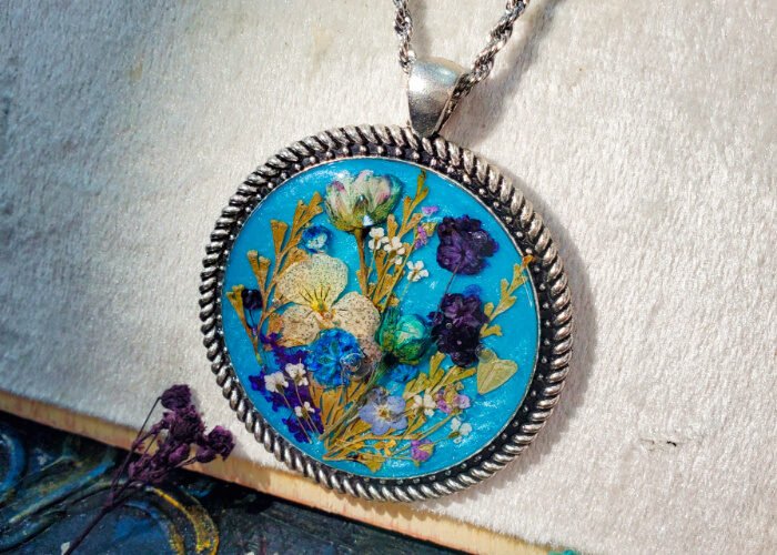 Gul-e-Neelam Blue Multi Floral Large Pendant – handmade resin floral pendant, view 6