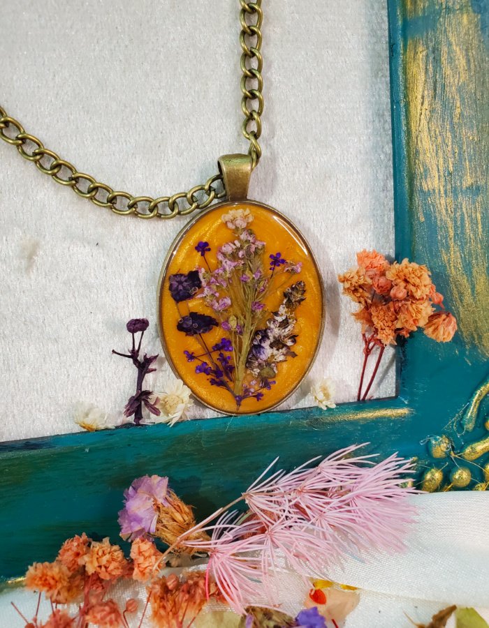 BCH0RJEPR0498 1 Gul‑e‑Amber Orange Yellow Multi Floral Pendant – handmade real flower pendant, view 5