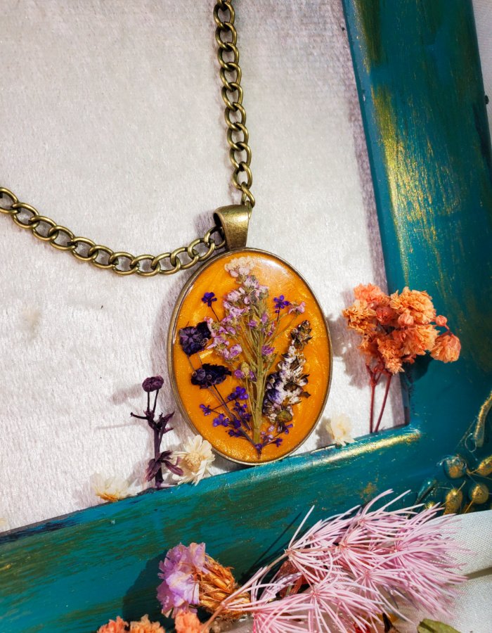 BCH0RJEPR0498 2 Gul‑e‑Amber Orange Yellow Multi Floral Pendant – handmade real flower pendant, view 6
