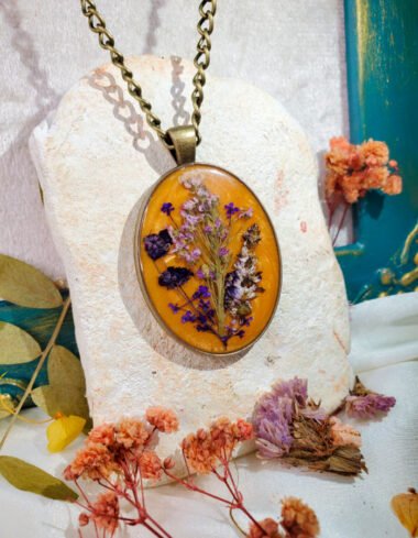 Gul‑e‑Amber Orange Yellow Multi Floral Pendant – handmade real flower pendant, view 7