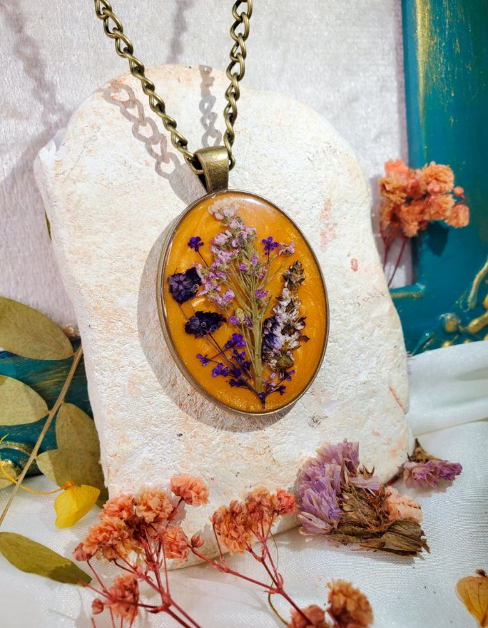 Gullrung Gul‑e‑Amber Orange Yellow Multi Floral Pendant, real flower resin pendant