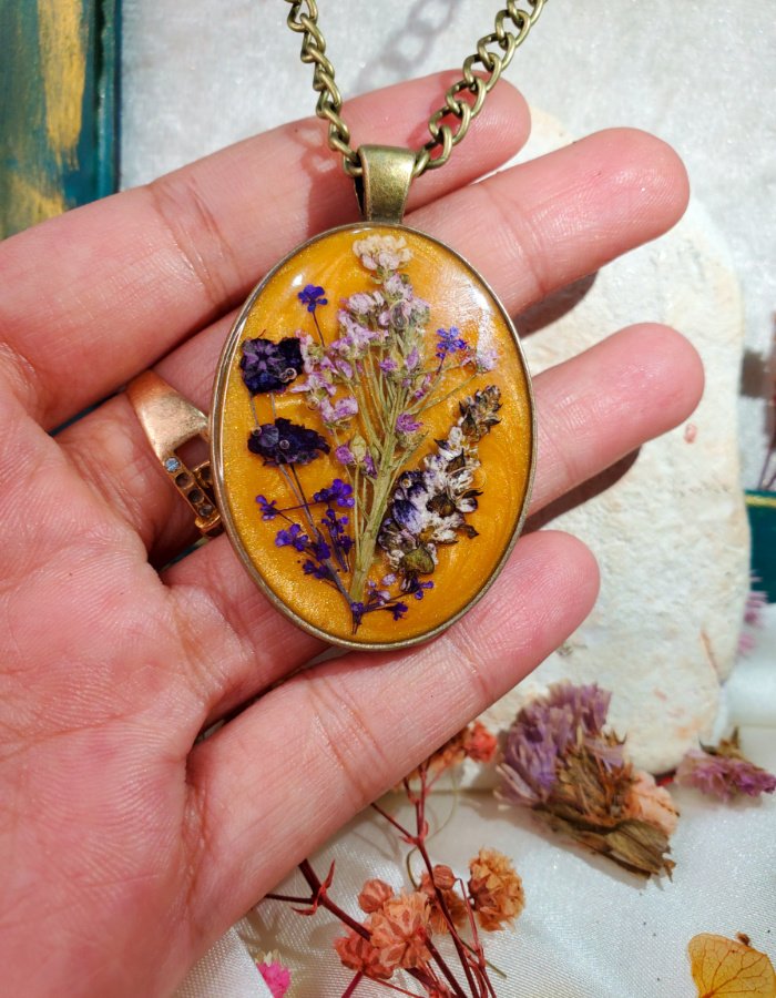 BCH0RJEPR0498 4 Gul‑e‑Amber Orange Yellow Multi Floral Pendant – handmade real flower pendant, view 2