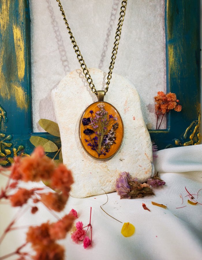 BCH0RJEPR0498 6 Gul‑e‑Amber Orange Yellow Multi Floral Pendant – handmade real flower pendant, view 8