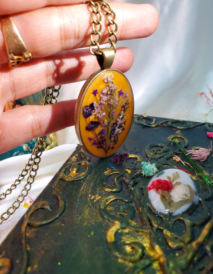 BCH0RJEPR0498 7 Gul‑e‑Amber Orange Yellow Multi Floral Pendant – handmade real flower pendant, view 3