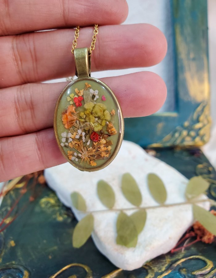 Zar-e-Sabz Light Green Floral Pendant – handmade resin floral pendant, view 2