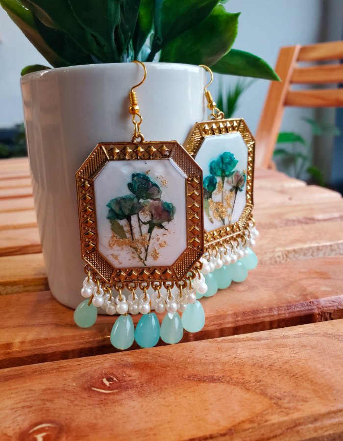Shafaq‑e‑Neel Teal Green Floral Earrings – handmade real flower earrings, view 2
