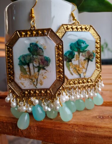 Shafaq‑e‑Neel Teal Green Floral Earrings – handmade real flower earrings, view 4