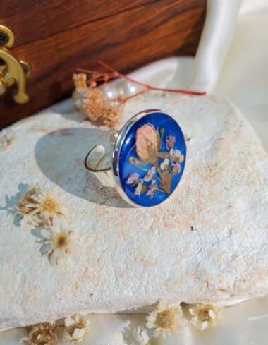 Durr‑e‑Neel Blue Floral Ring – handmade resin flower ring, view 6