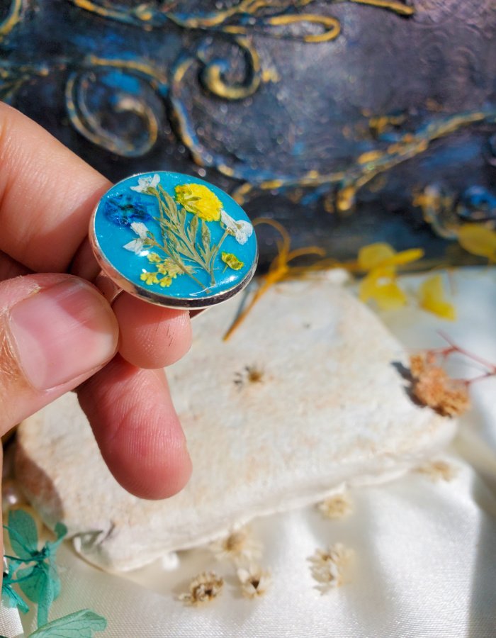 Durr‑e‑Firoza Teal Floral Ring – handmade resin flower ring, view 2