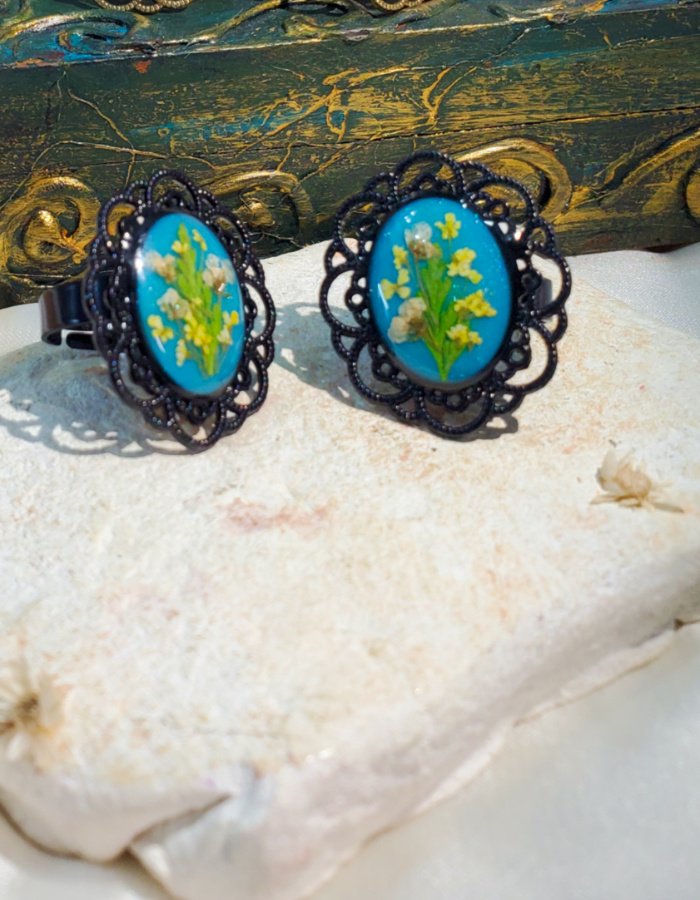 Gul-e-Aabi gothic blue real flower ring, view 2