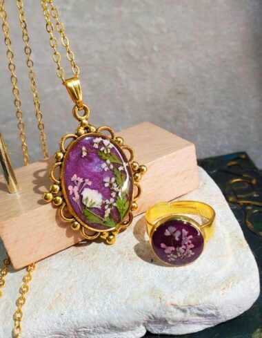 Bazm‑e‑Banafsha Purple Pink Floral Pendant and Ring Set – handmade flower jewelry set, featured view