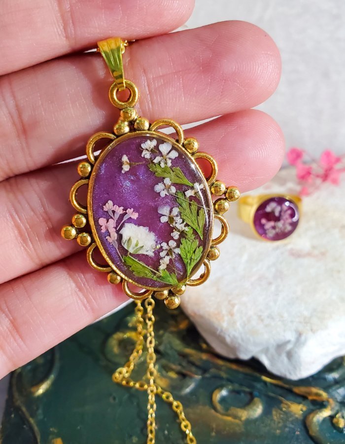 Bazm‑e‑Banafsha Purple Pink Floral Pendant and Ring Set – handmade flower jewelry set, worn in hand