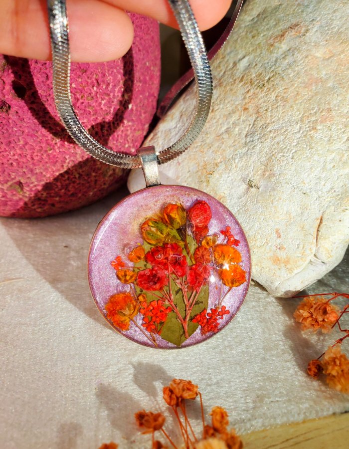 Daira-e-Bahaar Pink Multi Floral Pendant – handmade multi flower pendant, worn in hand