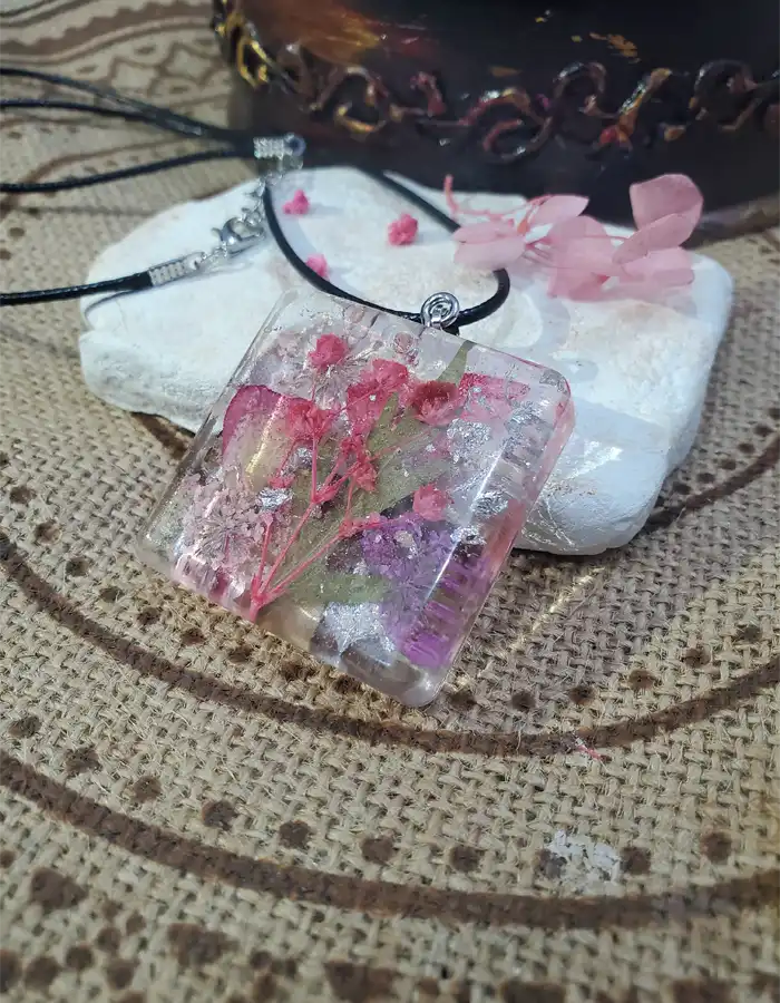 Bloomed Mosaic Pink Floral Pendant – handmade resin floral pendant, view 2