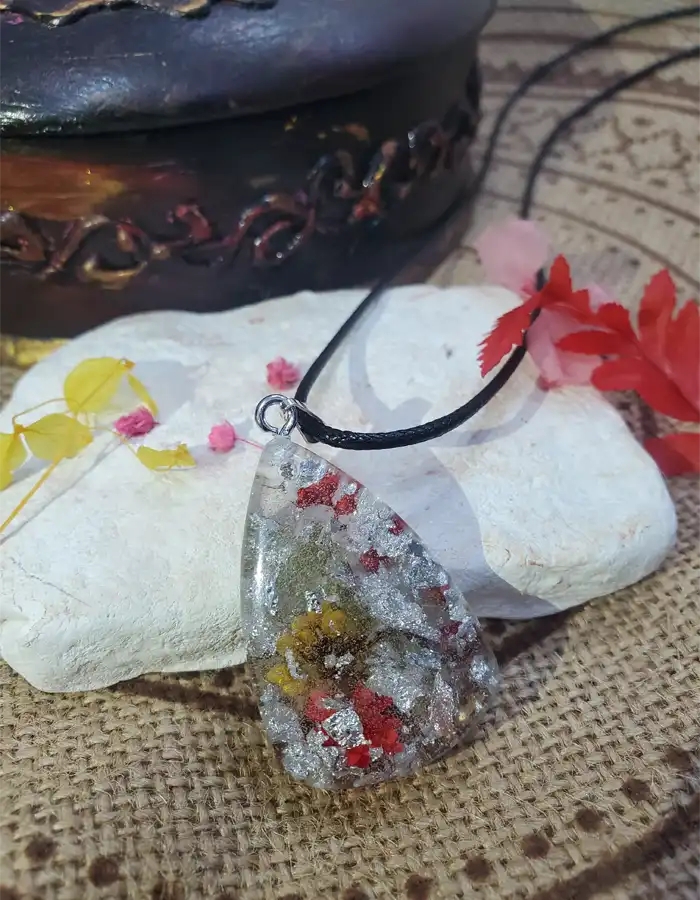 Crimson Gleam Silver Floral Pendant – handmade real flower pendant, view 2