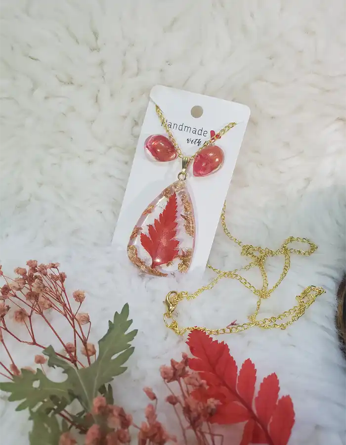 Funparey Resin Jewelry Set - Bloomed Flame Pendant & Earrings 251212001 Bloomed Flame Red Floral Pendant & Earrings – handmade resin jewelry set, view 5