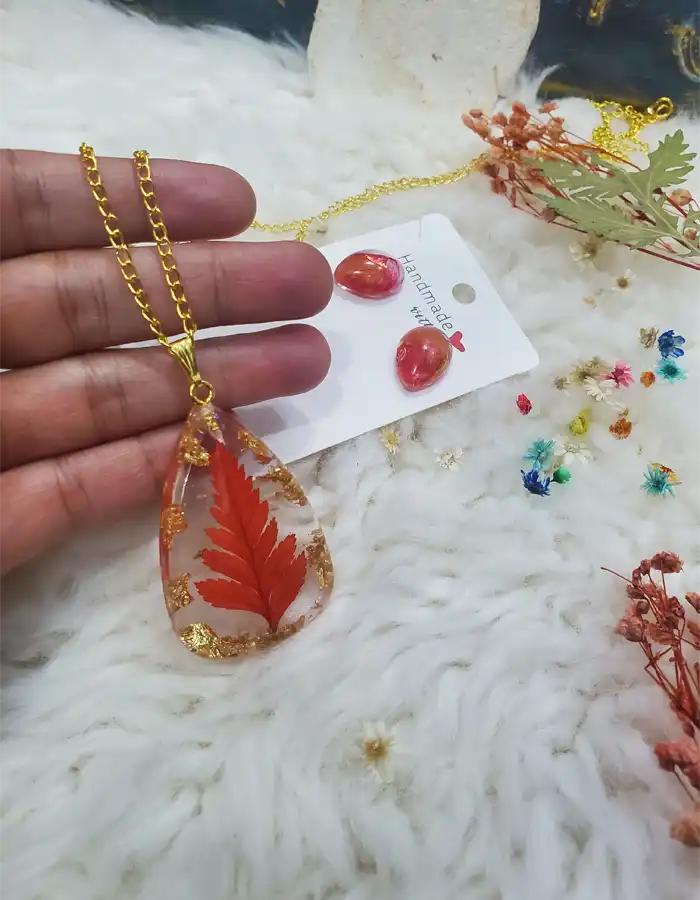 Bloomed Flame Red Floral Pendant & Earrings – handmade resin jewelry set, view 2