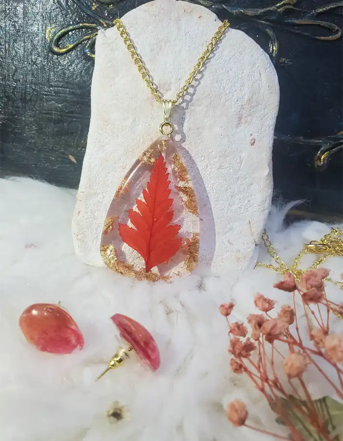 Funparey Resin Jewelry Set - Bloomed Flame Pendant & Earrings 251212005 Bloomed Flame Red Floral Pendant & Earrings – handmade resin jewelry set, view 4