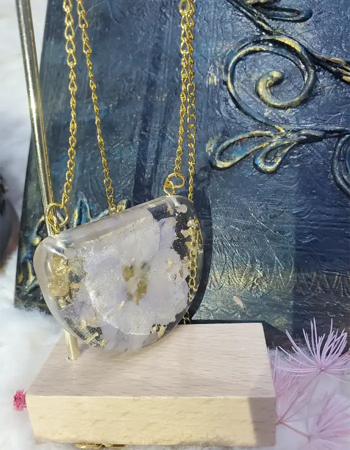 White Bloom Curve Pendant – handmade flower resin pendant, view 2