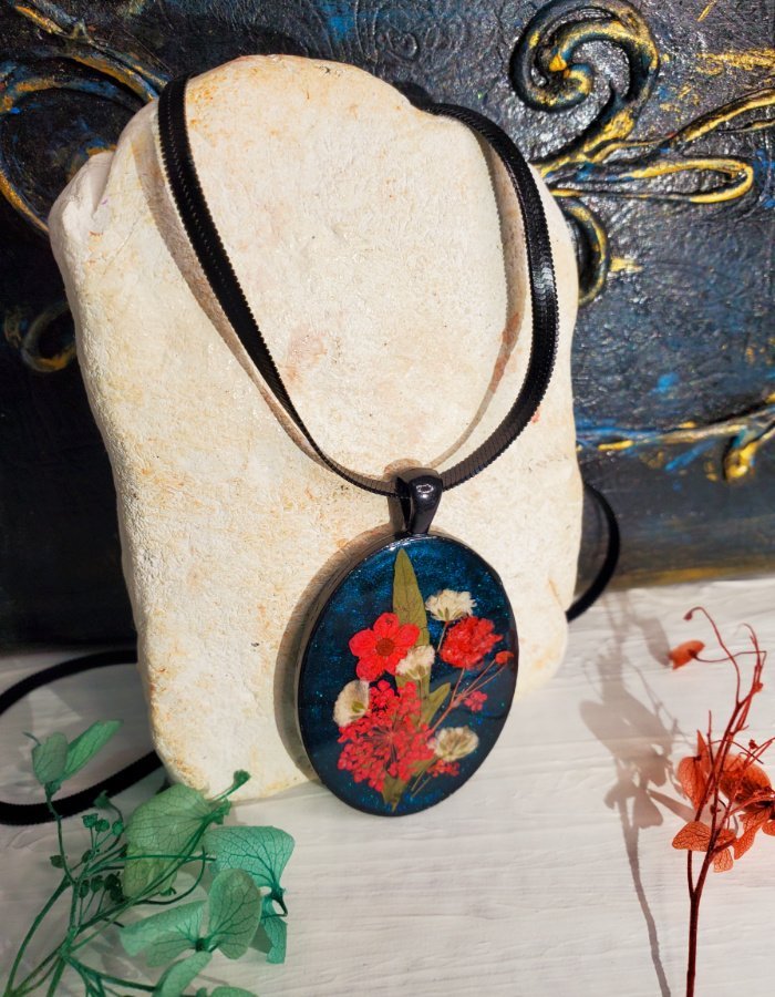 Gul-e-Shab Midnight Blue Floral Gothic Pendant 1 Gul‑e‑Shab Midnight Blue Floral Gothic Pendant – handmade real flower pendant, view 3