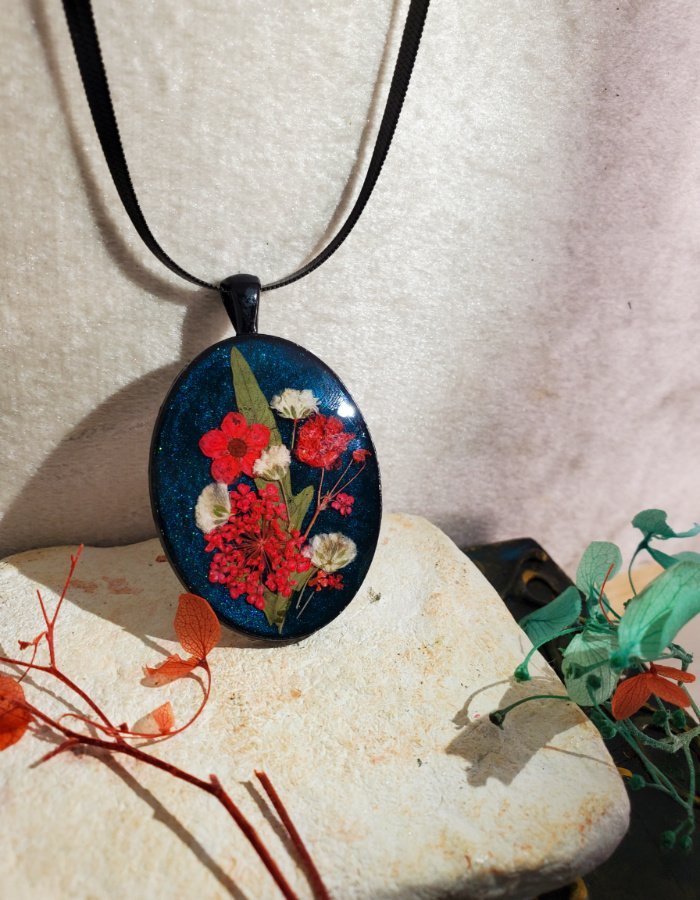 Gul-e-Shab Midnight Blue Floral Gothic Pendant 3 Gul‑e‑Shab Midnight Blue Floral Gothic Pendant – handmade real flower pendant, view 5