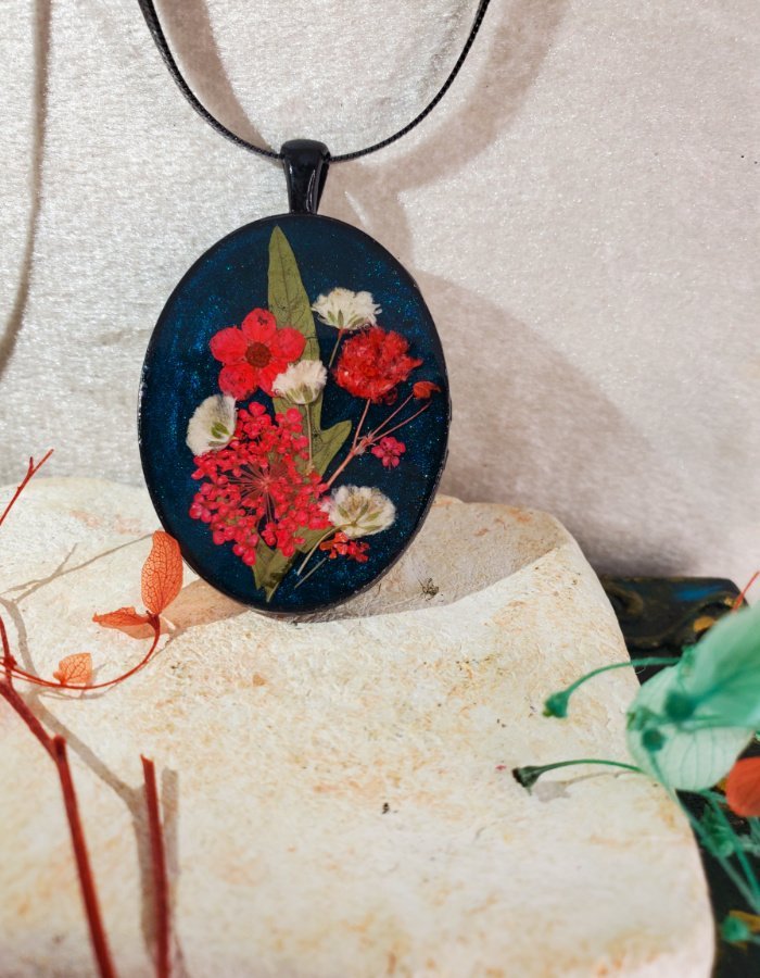 Gul-e-Shab Midnight Blue Floral Gothic Pendant 4 Gul‑e‑Shab Midnight Blue Floral Gothic Pendant – handmade real flower pendant, featured view