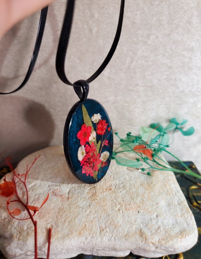 Gul-e-Shab Midnight Blue Floral Gothic Pendant 6 Gul‑e‑Shab Midnight Blue Floral Gothic Pendant – handmade real flower pendant, view 6