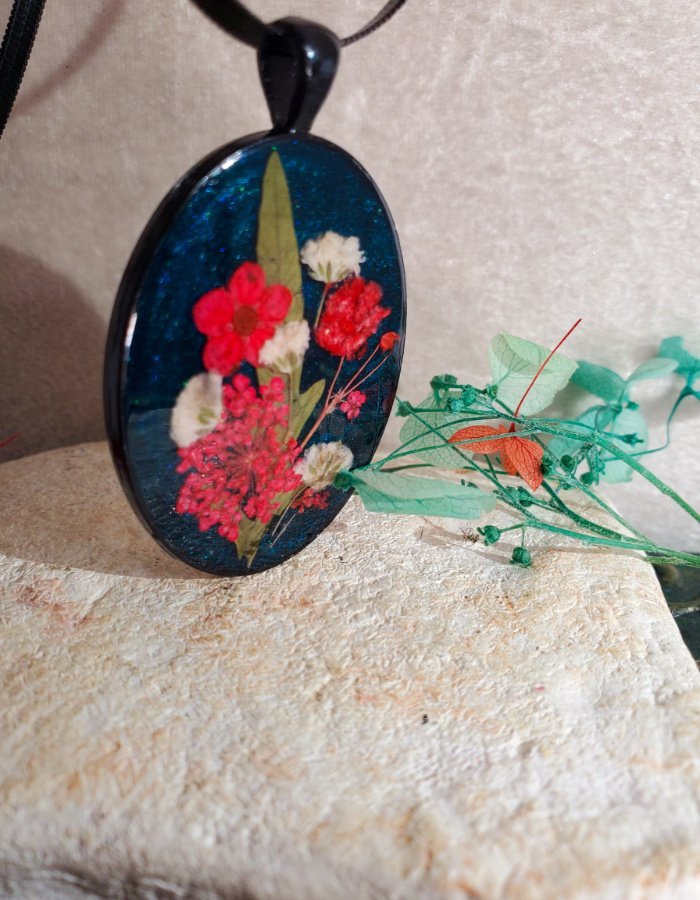 Gul-e-Shab Midnight Blue Floral Gothic Pendant 7 Gul‑e‑Shab Midnight Blue Floral Gothic Pendant – handmade real flower pendant, view 7