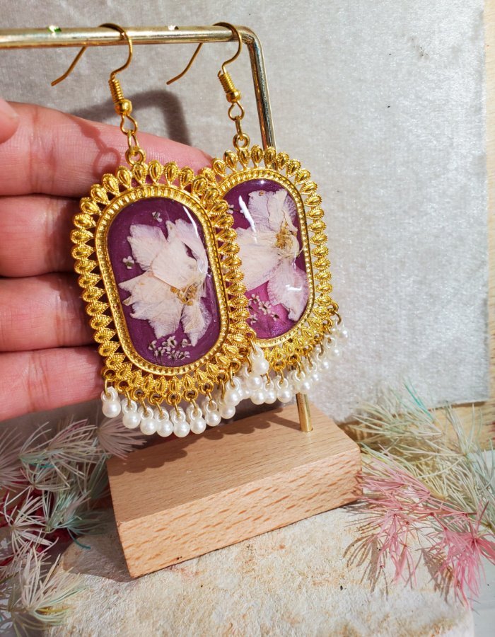 Mah-e-Banafsha Mauve Pink Floral Earrings 1 Mah‑e‑Banafsha Mauve Pink Floral Earrings – handmade flower jhumka earrings, view 3