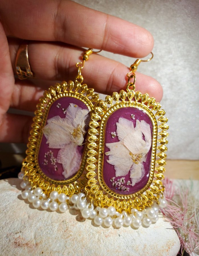 Mah-e-Banafsha Mauve Pink Floral Earrings 10 Mah‑e‑Banafsha Mauve Pink Floral Earrings – handmade flower jhumka earrings, view 10