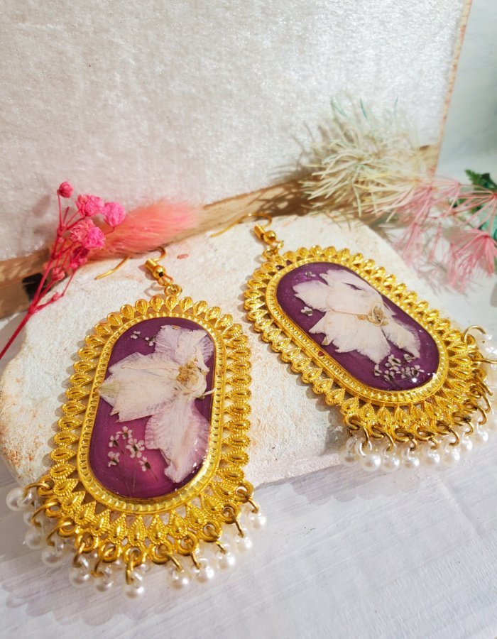 Mah-e-Banafsha Mauve Pink Floral Earrings 3 Mah‑e‑Banafsha Mauve Pink Floral Earrings – handmade flower jhumka earrings, view 4