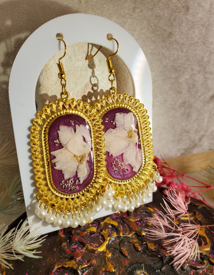 Mah-e-Banafsha Mauve Pink Floral Earrings 4 Mah‑e‑Banafsha Mauve Pink Floral Earrings – handmade flower jhumka earrings, view 5