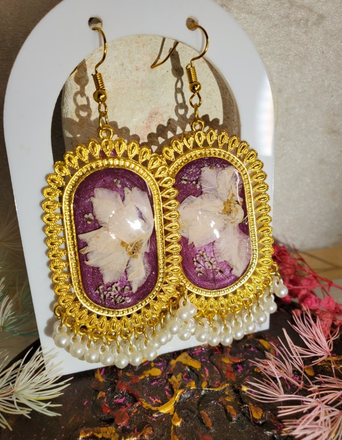 Mah-e-Banafsha Mauve Pink Floral Earrings 5 Mah‑e‑Banafsha Mauve Pink Floral Earrings – handmade flower jhumka earrings, featured view