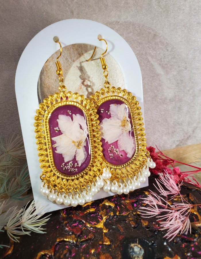 Mah-e-Banafsha Mauve Pink Floral Earrings 6 Mah‑e‑Banafsha Mauve Pink Floral Earrings – handmade flower jhumka earrings, view 6