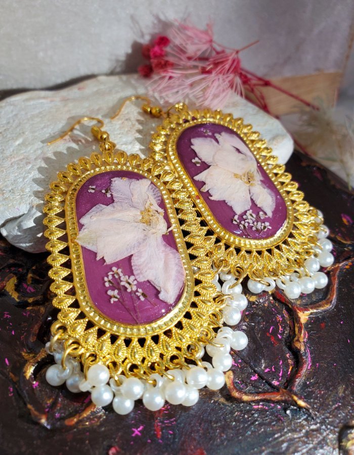 Mah-e-Banafsha Mauve Pink Floral Earrings 7 Mah‑e‑Banafsha Mauve Pink Floral Earrings – handmade flower jhumka earrings, view 7