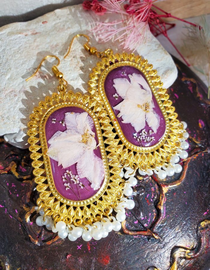 Mah-e-Banafsha Mauve Pink Floral Earrings 8 Mah‑e‑Banafsha Mauve Pink Floral Earrings – handmade flower jhumka earrings, view 8