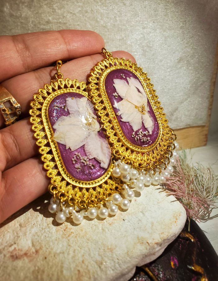 Mah-e-Banafsha Mauve Pink Floral Earrings 9 Mah‑e‑Banafsha Mauve Pink Floral Earrings – handmade flower jhumka earrings, view 9