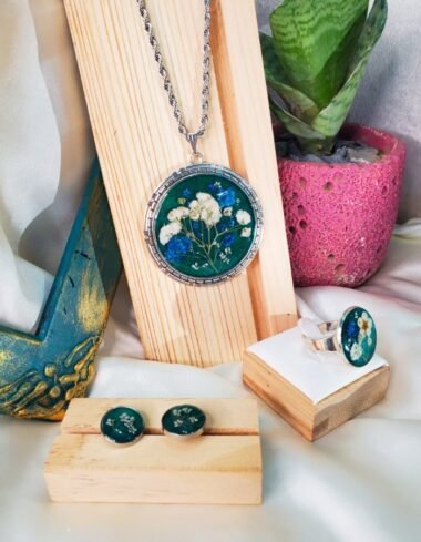 Mah‑e‑Neelam Sea Green Floral Pendant, Earrings and Ring Set – handmade real flower jewelry set, featured view