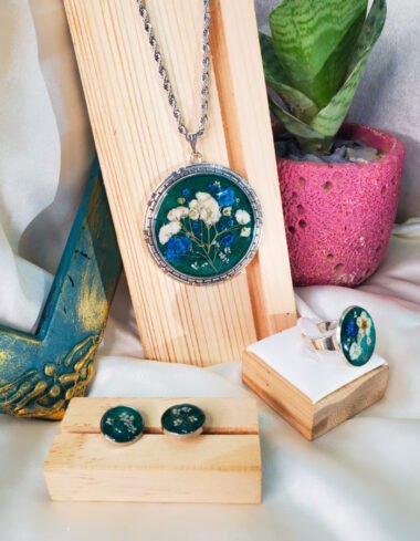 Mah‑e‑Neelam Sea Green Floral Pendant, Earrings and Ring Set – handmade real flower jewelry set, featured view