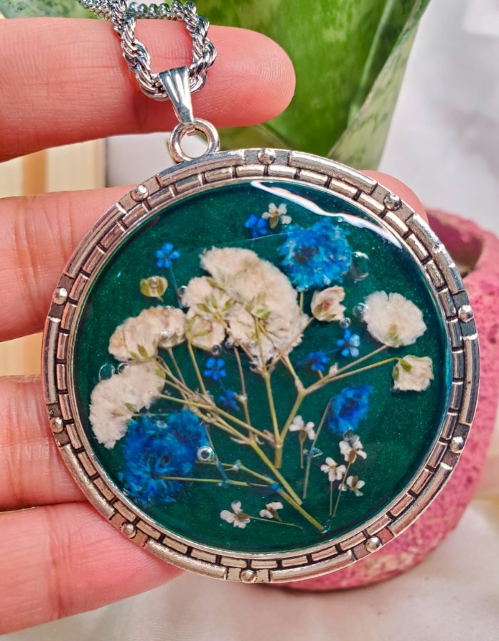 Mah‑e‑Neelam Sea Green Floral Pendant, Earrings and Ring Set – handmade real flower jewelry set, worn in hand