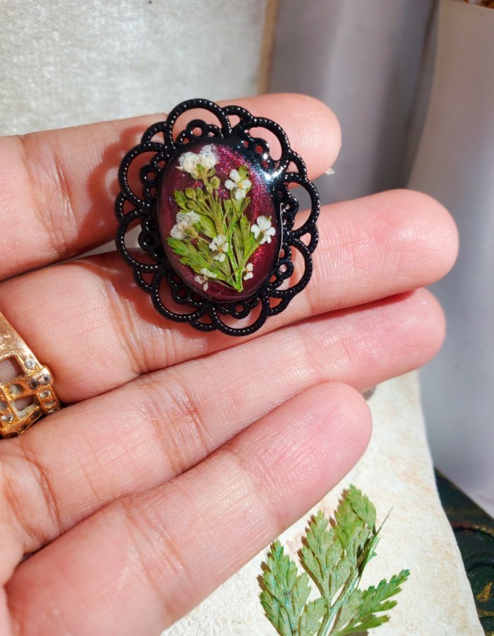 Naghma‑e‑Gulnar Gothic Maroon Floral Ring – handmade gothic flower ring, worn in hand