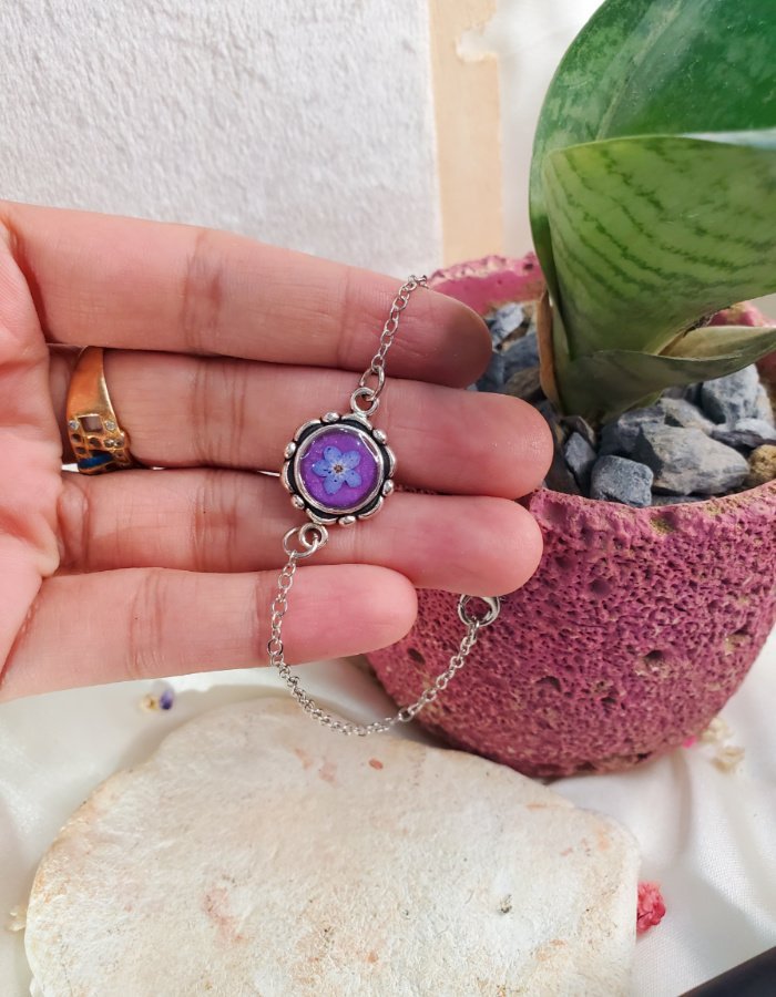 Niloofar-e-Firoza Purple Floral Bracelet 3 Niloofar‑e‑Firoza Purple Floral Bracelet – handmade purple flower charm bracelet, view 4