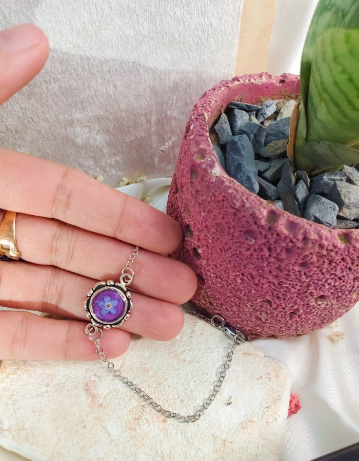Niloofar-e-Firoza Purple Floral Bracelet 4 Niloofar‑e‑Firoza Purple Floral Bracelet – handmade purple flower charm bracelet, view 5