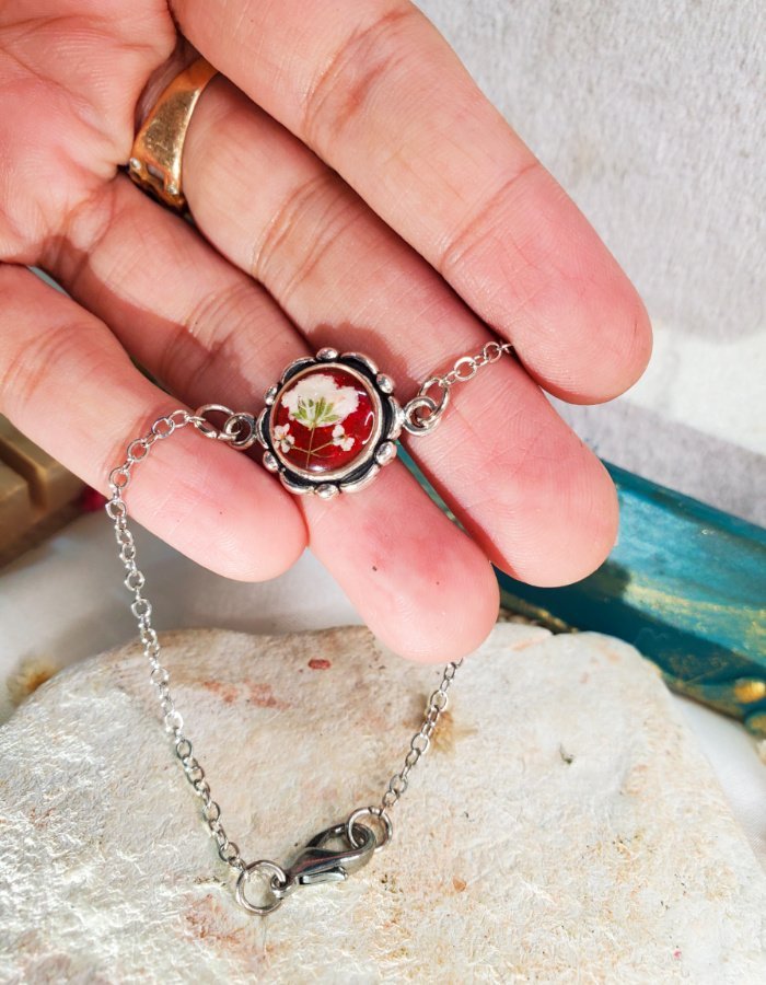 Noor-e-Surkh Red Floral Bracelet 4 Noor‑e‑Surkh Red Floral Bracelet – handmade red flower chain bracelet, view 4