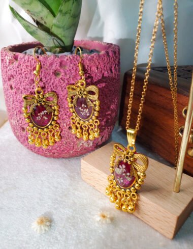 Raqs‑e‑Gul Purple Floral Pendant & Earrings Set – handmade flower pendant and earrings set, featured view