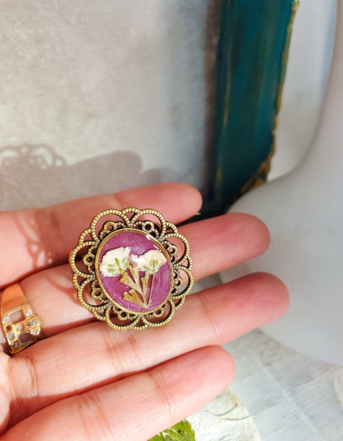 Shafaq‑e‑Banafsha Dusty Pink Antique Floral Ring – handmade antique flower ring, worn in hand