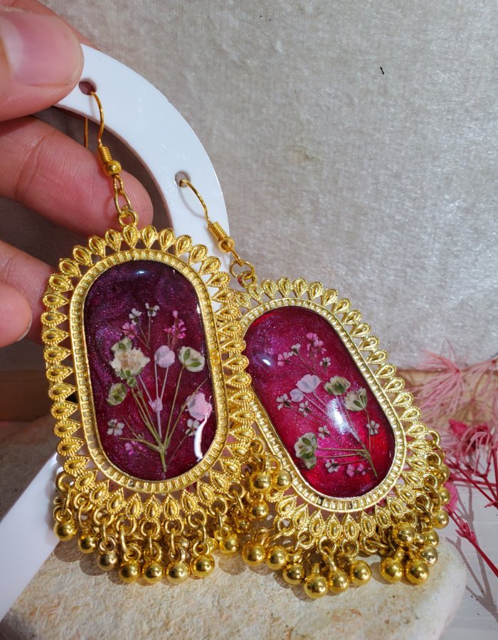 Shah-e-Gulabi Berry Pink Floral Earrings 1 Shah‑e‑Gulabi Berry Pink Floral Earrings – handmade real flower earrings, view 3